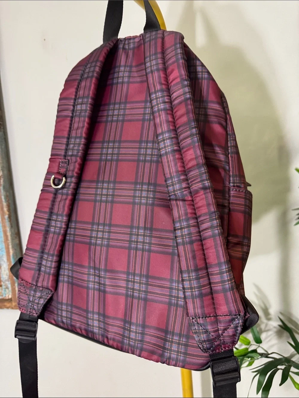 Madden NYC Burgundy Plaid Backpack with Front Zip Pocket shiny silver hardware